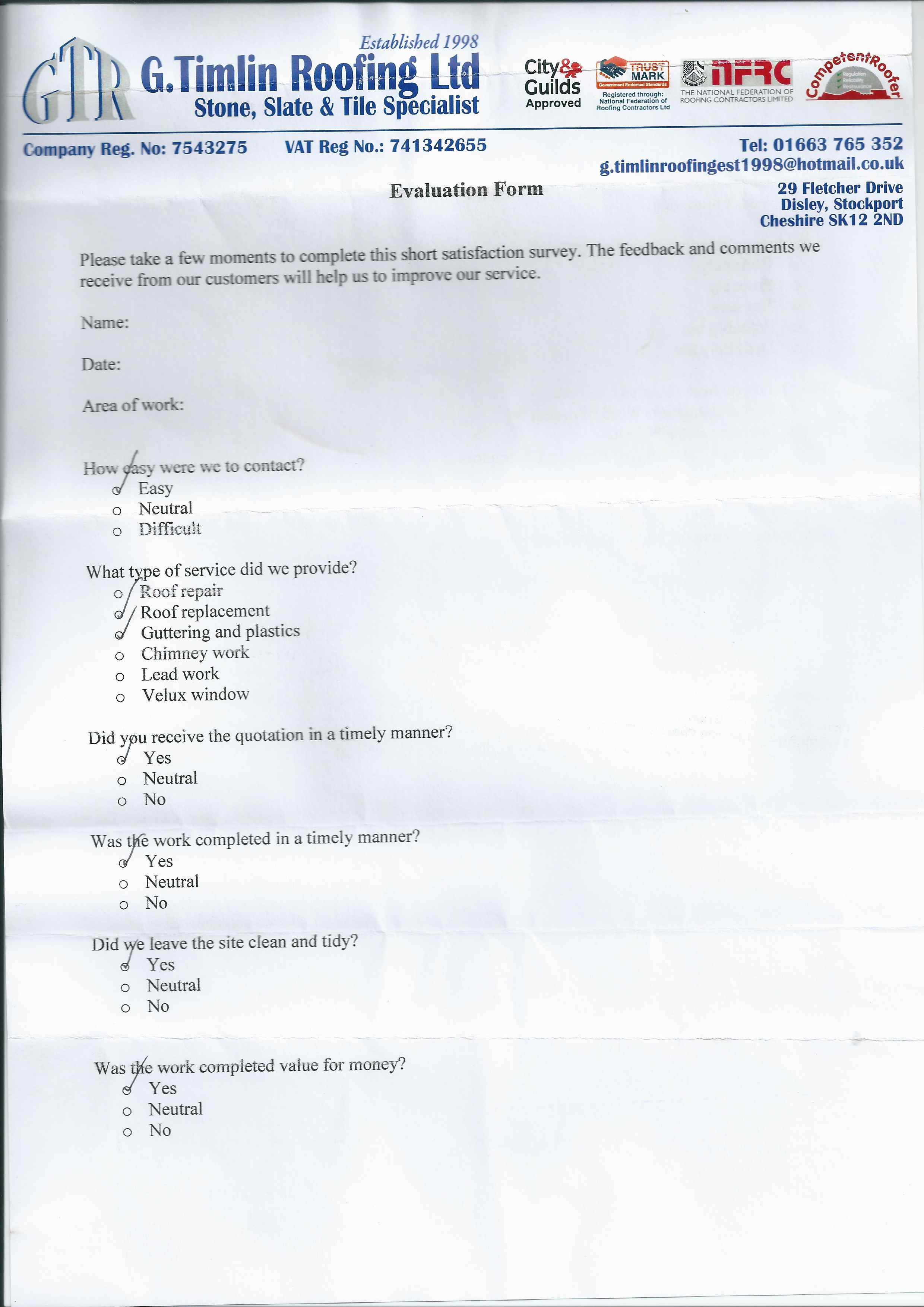 testimonial, Re-Roofing, Lead Work, Chimney Stacks, Plastics, Repairs and Maintenance, Stockport, Cheshire, High Peak, G Timlin Roofing